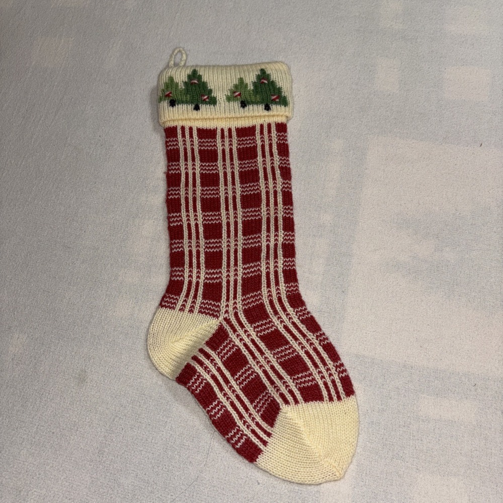 Christmas Handmade Knit Wool Nordic Design Stocking Red Cream Plaid‎ 19"x6" Cuff